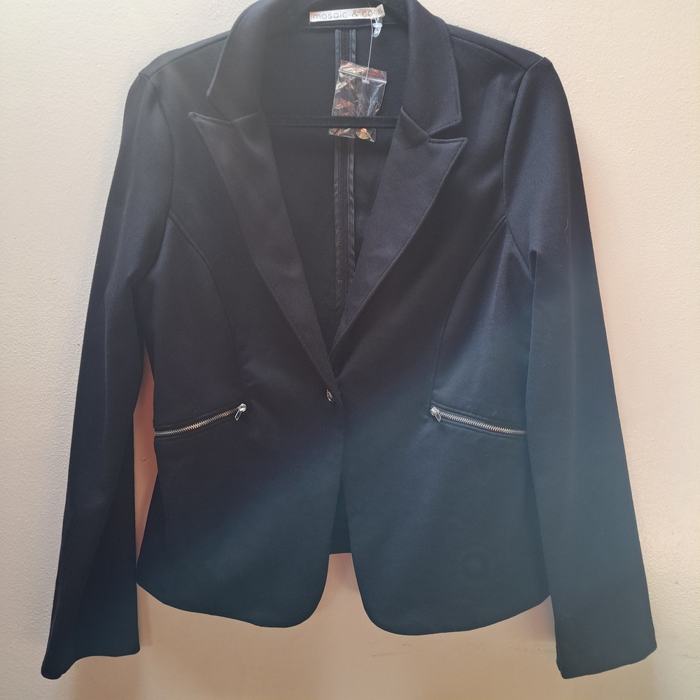 Mosaic & Co Womens Black Knit Blazer Single Button Zipper Detail XL